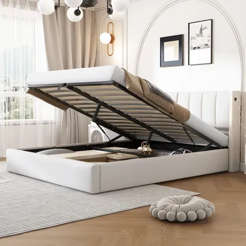 Lit Coffre 160x200 Cm, USB Et LED, Pu Blanc