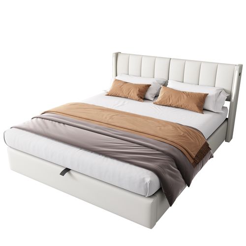 Lit Coffre 160x200 Cm, USB Et LED, Pu Blanc