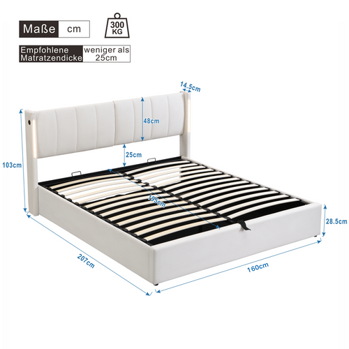 Lit Coffre 160x200 Cm, USB Et LED, Pu Blanc