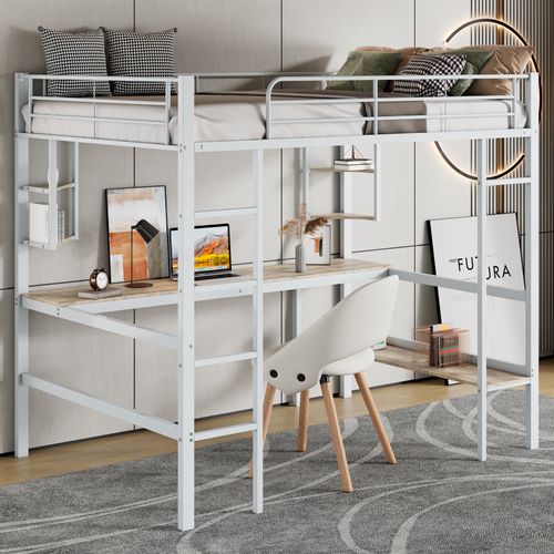 Lit Mezzanine 90x200 Cm Avec Bureau Et Rangements, Métal Blanc