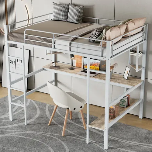 Lit Mezzanine 90x200 Cm Avec Bureau Et Rangements, Métal Blanc