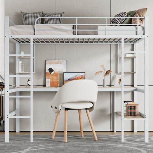 Lit Mezzanine 90x200 Cm Avec Bureau Et Rangements, Métal Blanc