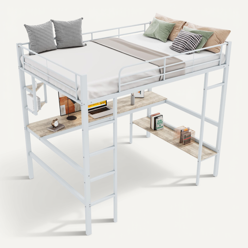 Lit Mezzanine 90x200 Cm Avec Bureau Et Rangements, Métal Blanc