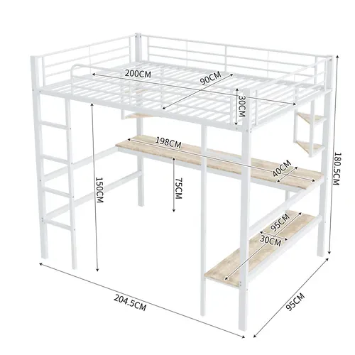 Lit Mezzanine 90x200 Cm Avec Bureau Et Rangements, Métal Blanc