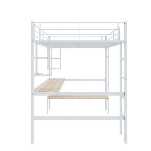 Lit Mezzanine 90x200 Cm Avec Bureau Et Rangements, Métal Blanc
