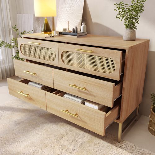 Commode 120x40x74 Cm 6 Tiroirs Effet Rotin Métal Naturel