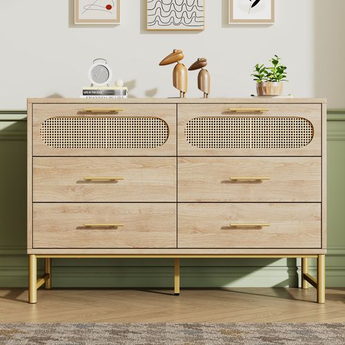 Commode 120x40x74 Cm 6 Tiroirs Effet Rotin Métal Naturel