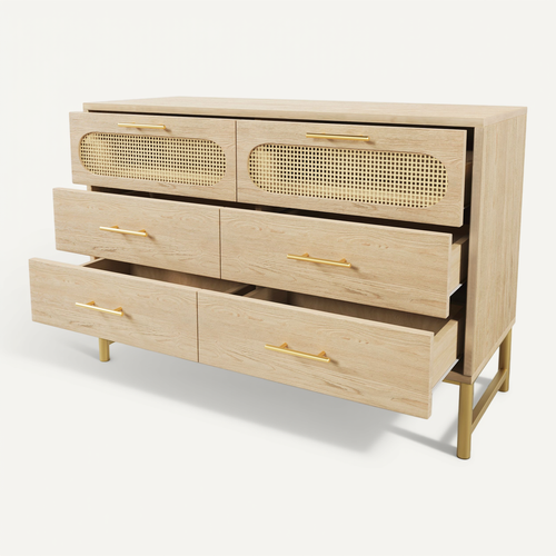 Commode 120x40x74 Cm 6 Tiroirs Effet Rotin Métal Naturel