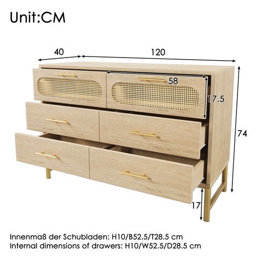 Commode 120x40x74 Cm 6 Tiroirs Effet Rotin Métal Naturel
