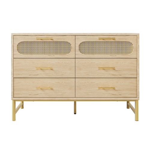 Commode 120x40x74 Cm 6 Tiroirs Effet Rotin Métal Naturel