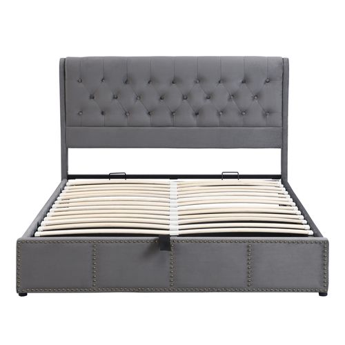 Lit Coffre 140x190 Cm, Rangement Et Tête De Lit 103 Cm, Velours Gris