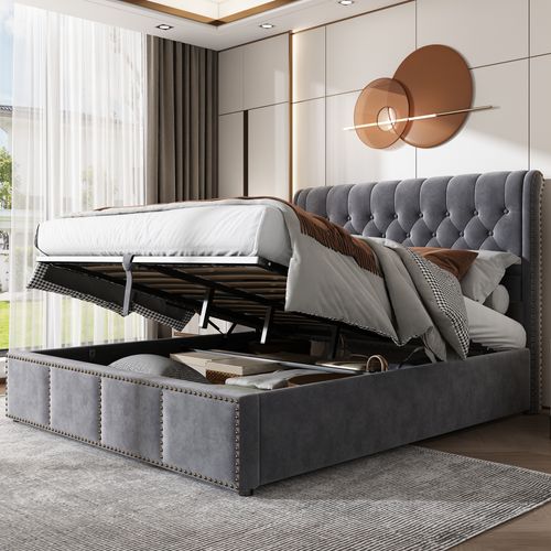 Lit Coffre 140x190 Cm, Rangement Et Tête De Lit 103 Cm, Velours Gris