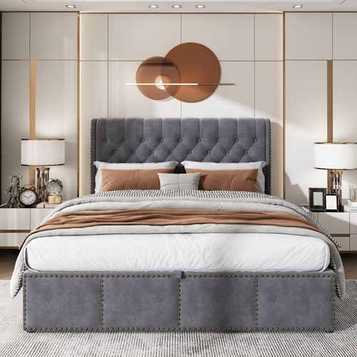 Lit Coffre 140x190 Cm, Rangement Et Tête De Lit 103 Cm, Velours Gris