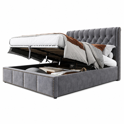 Lit Coffre 140x190 Cm, Rangement Et Tête De Lit 103 Cm, Velours Gris