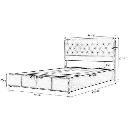 Lit Coffre 140x190 Cm, Rangement Et Tête De Lit 103 Cm, Velours Gris