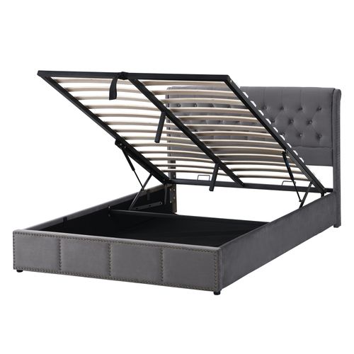 Lit Coffre 140x190 Cm, Rangement Et Tête De Lit 103 Cm, Velours Gris