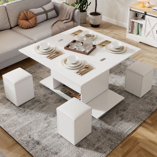 Table Basse 100x100x63.5 Cm Relevable Rangement Aggloméré Blanc