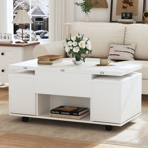 Table Basse 100x100x63.5 Cm Relevable Rangement Aggloméré Blanc