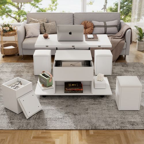 Table Basse 100x100x63.5 Cm Relevable Rangement Aggloméré Blanc