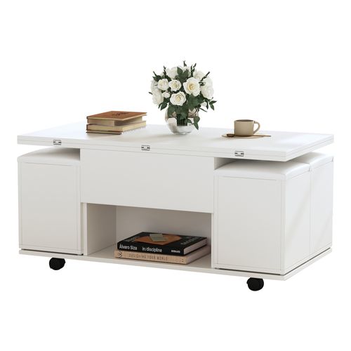Table Basse 100x100x63.5 Cm Relevable Rangement Aggloméré Blanc
