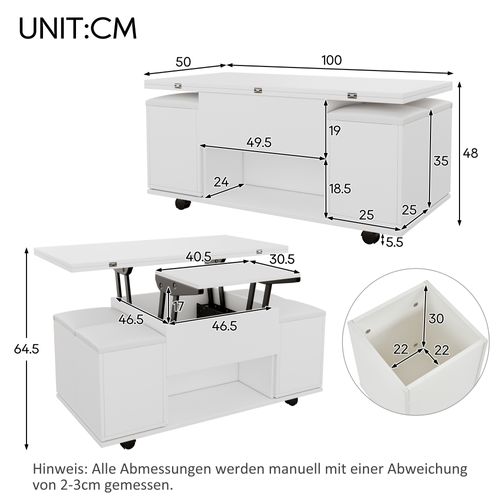 Table Basse 100x100x63.5 Cm Relevable Rangement Aggloméré Blanc
