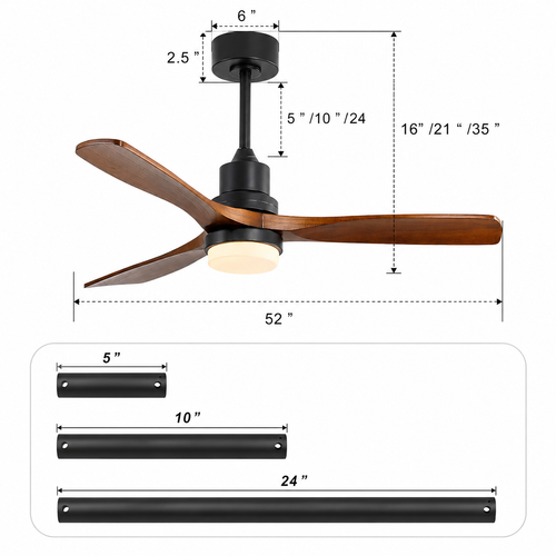 Ventilateur De Plafond 132 Cm Avec Lumière Télécommande Métal Bois Noir