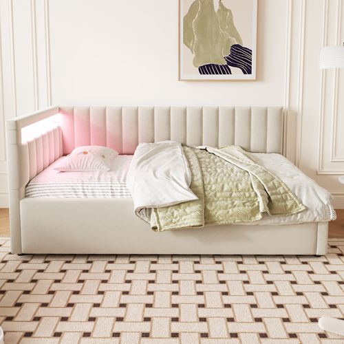 Lit Coffre 90x200 Cm, LED Et Rangement Hydraulique, Velours Beige