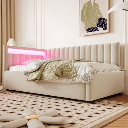 Lit Coffre 90x200 Cm, LED Et Rangement Hydraulique, Velours Beige