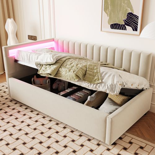 Lit Coffre 90x200 Cm, LED Et Rangement Hydraulique, Velours Beige
