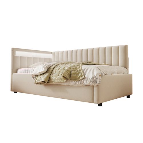 Lit Coffre 90x200 Cm, LED Et Rangement Hydraulique, Velours Beige