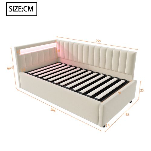 Lit Coffre 90x200 Cm, LED Et Rangement Hydraulique, Velours Beige