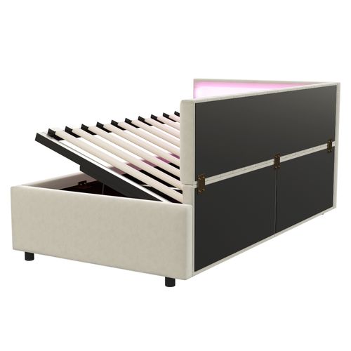 Lit Coffre 90x200 Cm, LED Et Rangement Hydraulique, Velours Beige