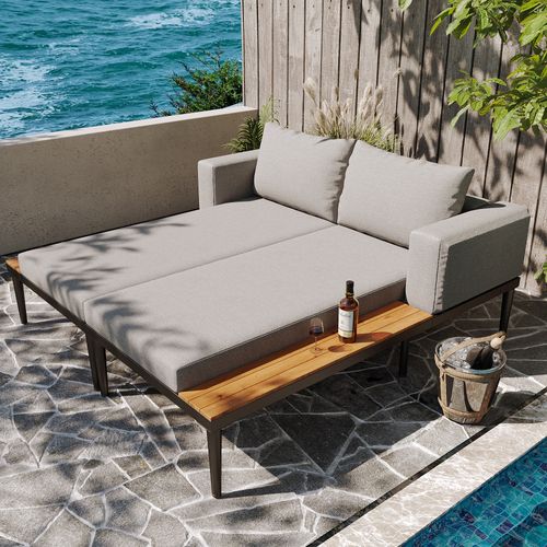 Lit De Jardin 150x140x30 Cm Convertible Modulable Métal Polyester Gris
