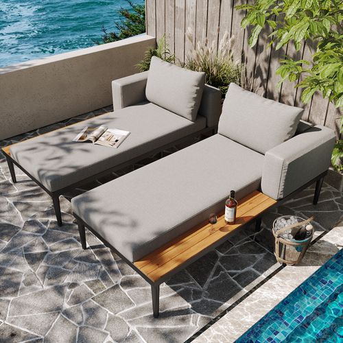 Lit De Jardin 150x140x30 Cm Convertible Modulable Métal Polyester Gris