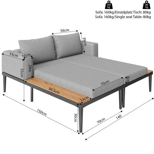 Lit De Jardin 150x140x30 Cm Convertible Modulable Métal Polyester Gris