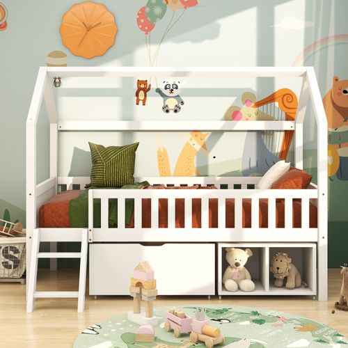 Lit Enfant Cabane 90x200 Cm, Rangement Et Marches, Bois, Blanc