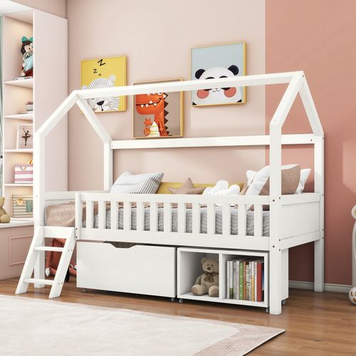 Lit Enfant Cabane 90x200 Cm, Rangement Et Marches, Bois, Blanc