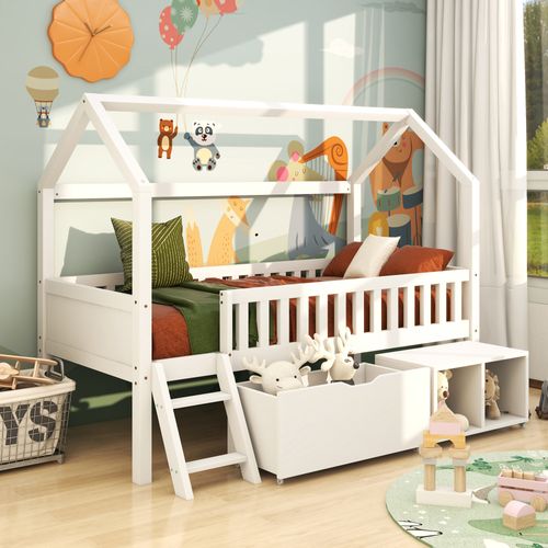Lit Enfant Cabane 90x200 Cm, Rangement Et Marches, Bois, Blanc
