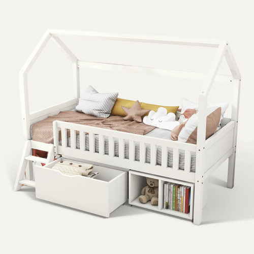 Lit Enfant Cabane 90x200 Cm, Rangement Et Marches, Bois, Blanc