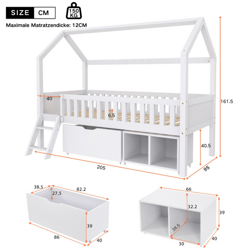 Lit Enfant Cabane 90x200 Cm, Rangement Et Marches, Bois, Blanc