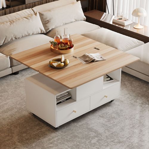 Table Basse 100x50x47.5 Cm Relevable Et Pliante Mdf Naturel Et Blanc