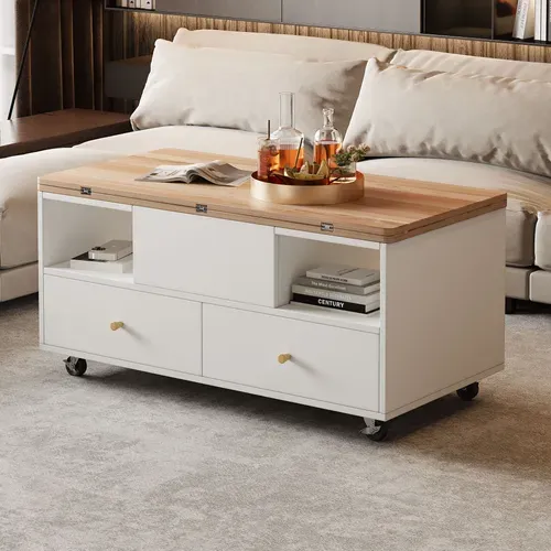Table Basse 100x50x47.5 Cm Relevable Et Pliante Mdf Naturel Et Blanc