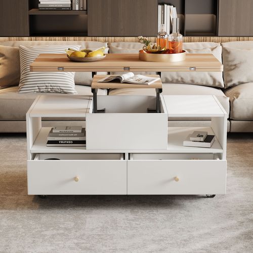 Table Basse 100x50x47.5 Cm Relevable Et Pliante Mdf Naturel Et Blanc