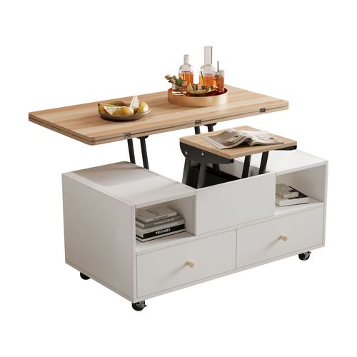 Table Basse 100x50x47.5 Cm Relevable Et Pliante Mdf Naturel Et Blanc