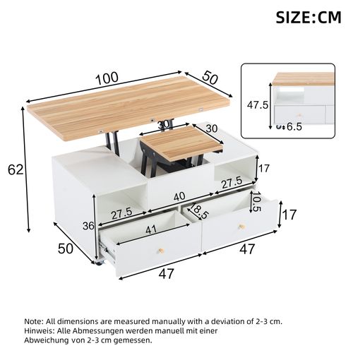 Table Basse 100x50x47.5 Cm Relevable Et Pliante Mdf Naturel Et Blanc