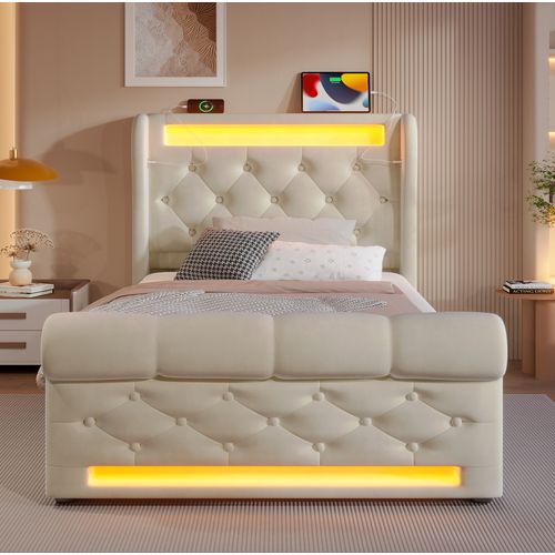 Lit Coffre 90x200 Cm, LED Et Rangement Hydraulique, Velours Beige