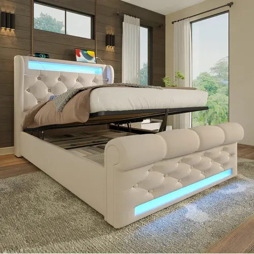 Lit Coffre 90x200 Cm, LED Et Rangement Hydraulique, Velours Beige