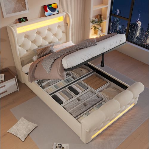 Lit Coffre 90x200 Cm, LED Et Rangement Hydraulique, Velours Beige