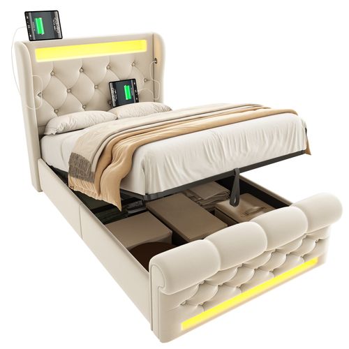 Lit Coffre 90x200 Cm, LED Et Rangement Hydraulique, Velours Beige