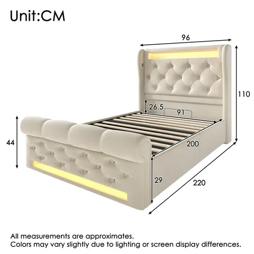 Lit Coffre 90x200 Cm, LED Et Rangement Hydraulique, Velours Beige